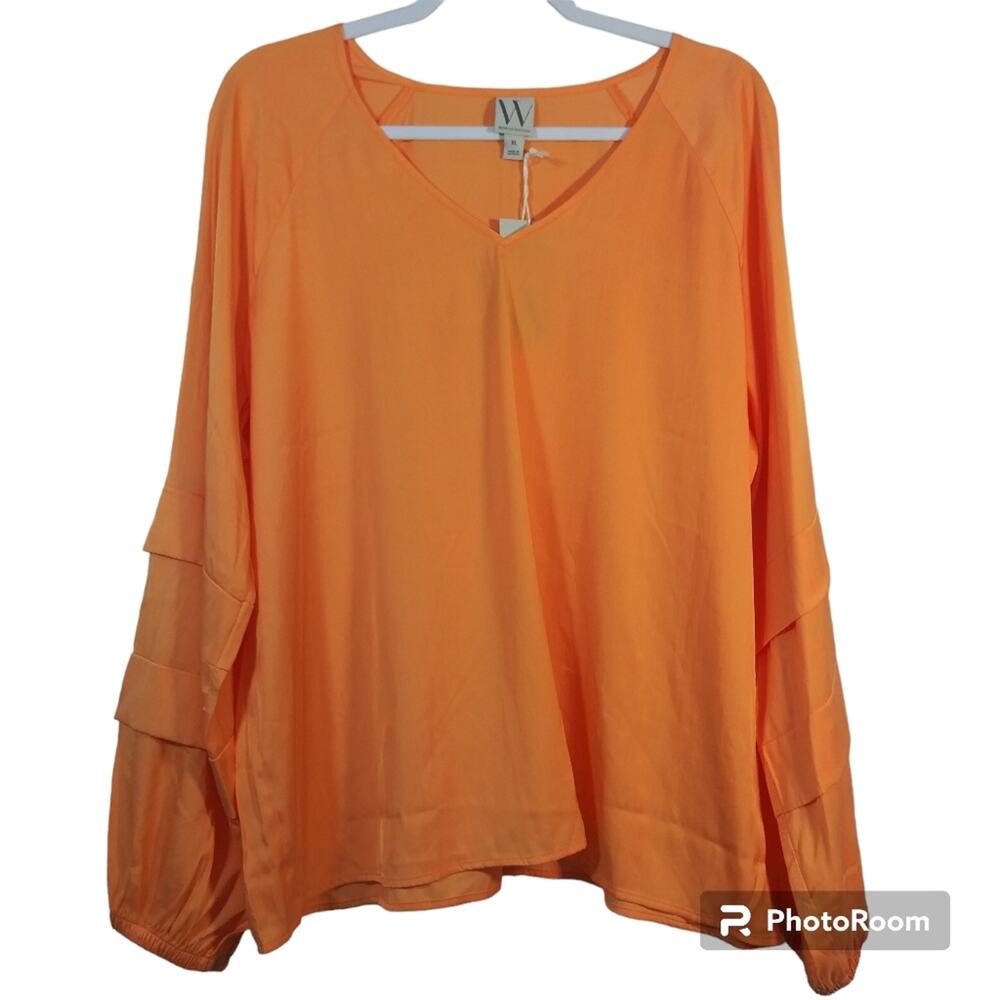 Worthington Orange Long Puff Tiered Sleeve V Neck Blouse Top Size XL